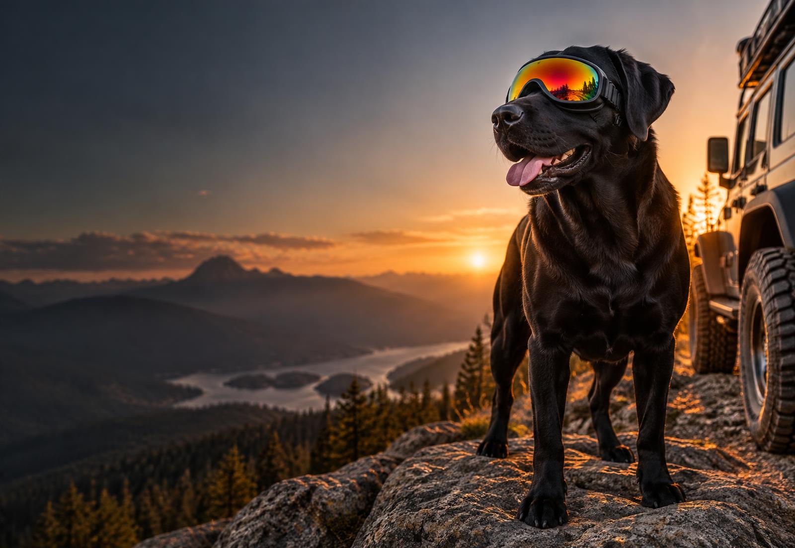 Adventure dog wearing black reflective outdoor goggles in the mountains