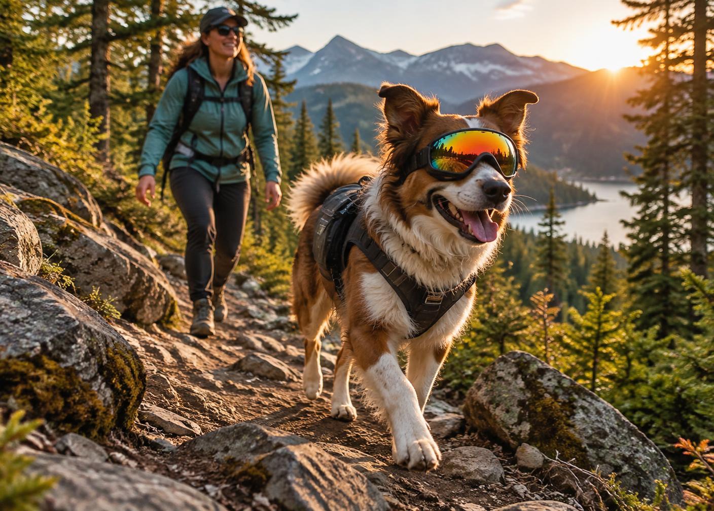 Dog wearing outdoor goggles on trail days